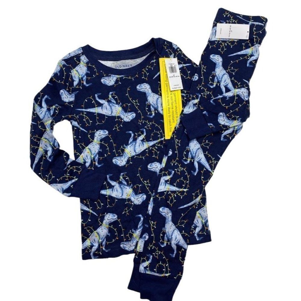 Boys Old Navy Navy Blue Snug Fit Cotton Dinosaur Holiday Lights Pajama sz 3T NEW